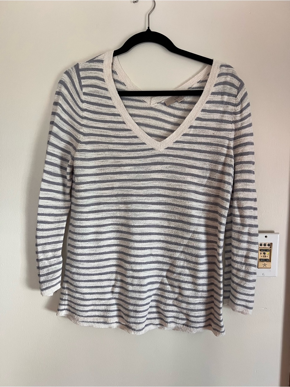 LOFT Striped V-Neck Long Sleeve Sweater in White and Blue